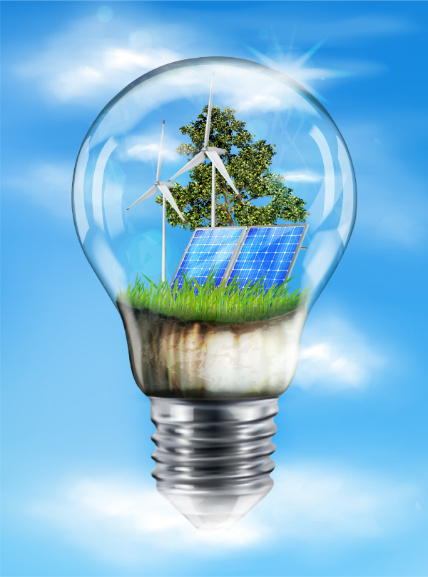 Light bulb with tree and grass inside representing solar energy
